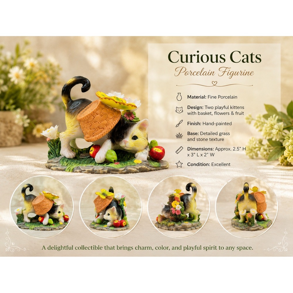 Curious Cats Morning Mischief Kitten Figurine Basket Butterfly Calico Cat Resin